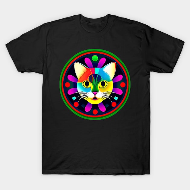 Nice Positive Cat Face Inside The Colorful Round Frame T-Shirt by funfun